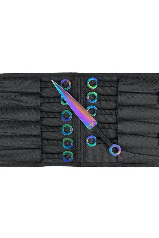 Target Master 12 PCS Ninja Kunai Black & Rainbow Set in a sleek black carrying case for precision throwing