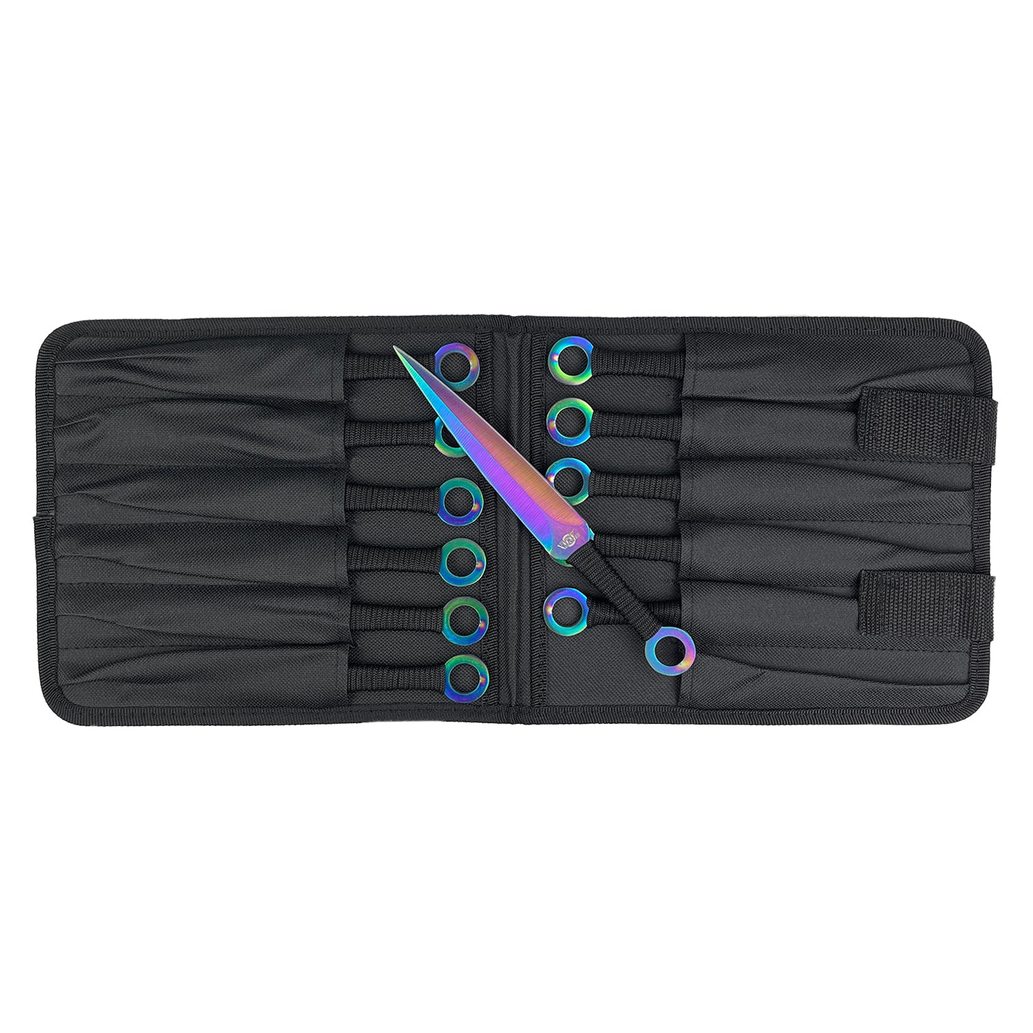Target Master 12 PCS Ninja Kunai Black & Rainbow Set in a sleek black carrying case for precision throwing
