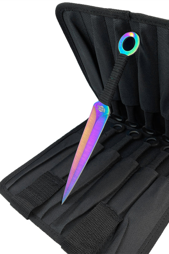 Target Master 12 PCS Ninja Kunai Black & Rainbow Set with colorful blades and durable carrying case