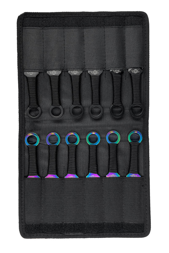 Target Master 12 PCS Rainbow & Black Throwing Knife Set displayed in a compact carrying case