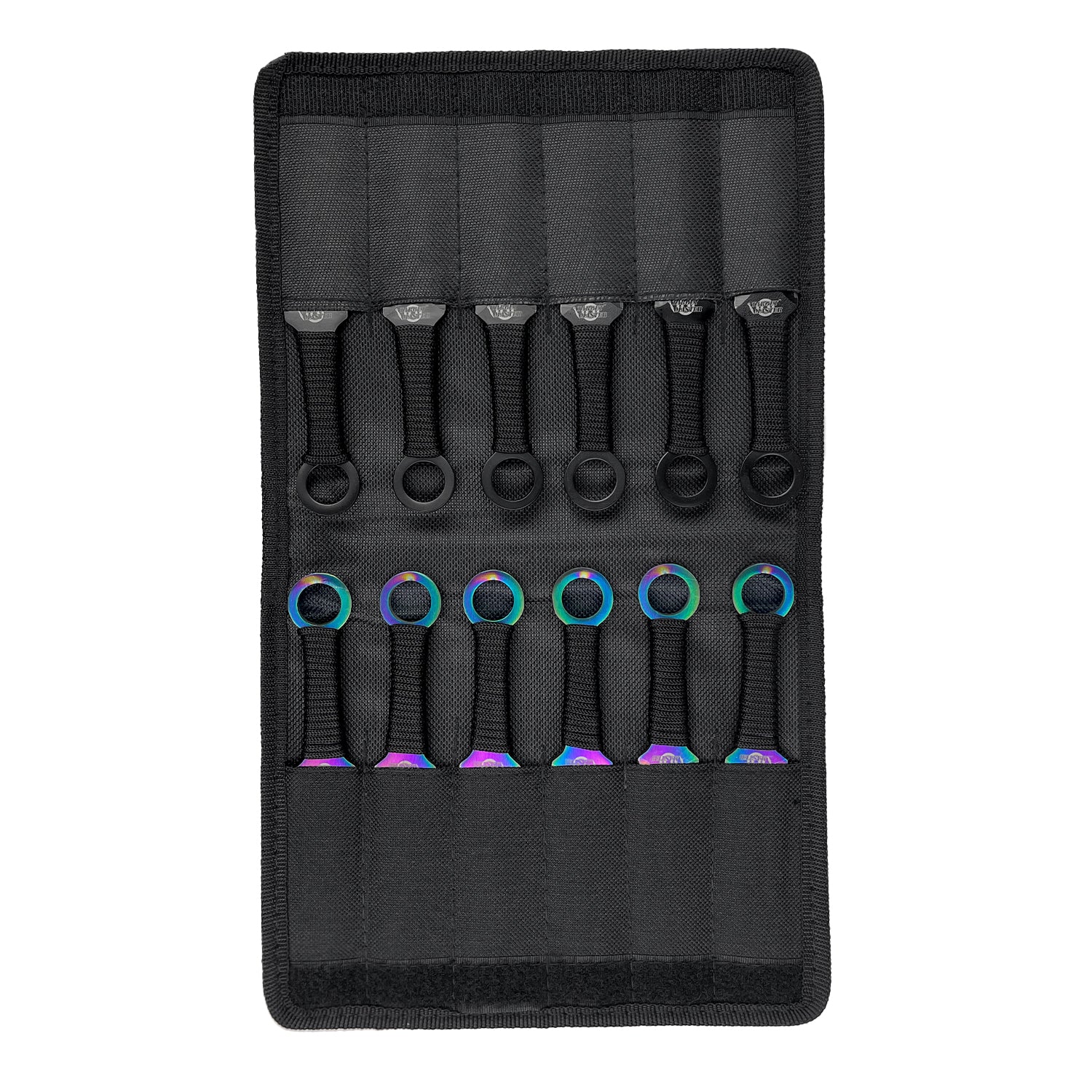 Target Master 12 PCS Rainbow & Black Throwing Knife Set displayed in a compact carrying case