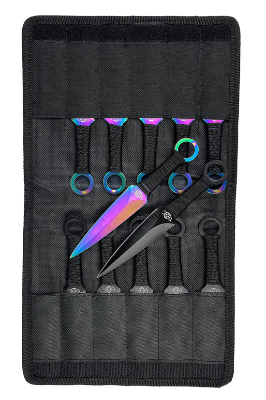 Target Master 12 PCS Rainbow & Black Throwing Knife Set in a compact storage case for precision throwing