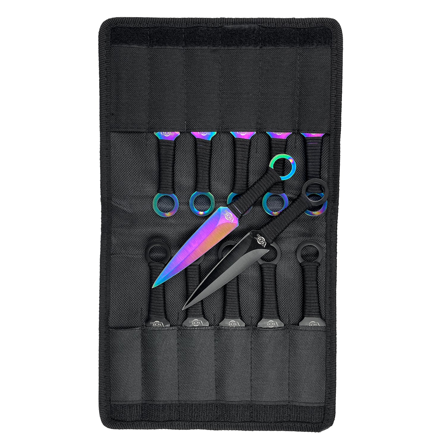 Target Master 12 PCS Rainbow & Black Throwing Knife Set in a compact storage case for precision throwing