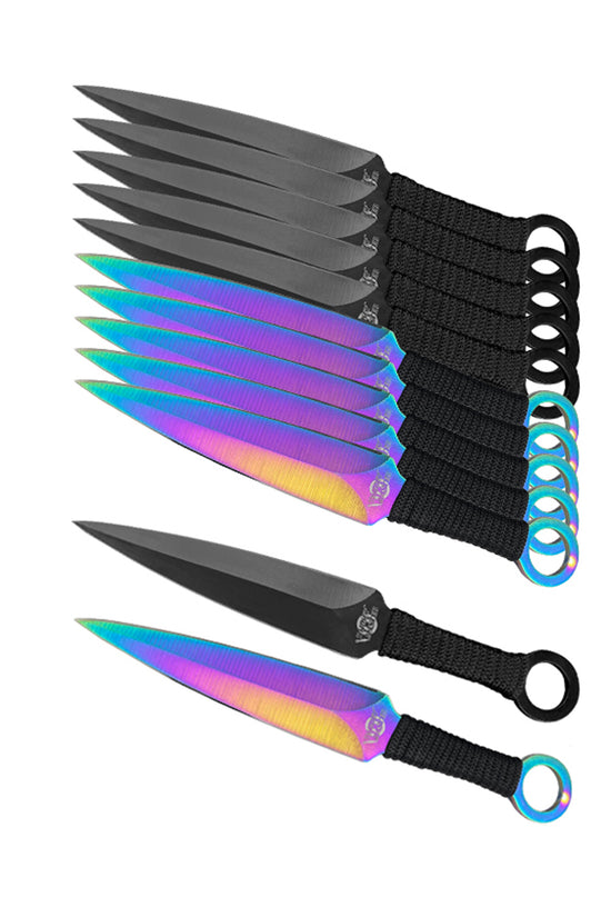 Target Master 12 PCS Rainbow & Black Throwing Knife Set featuring colorful blades and durable handles