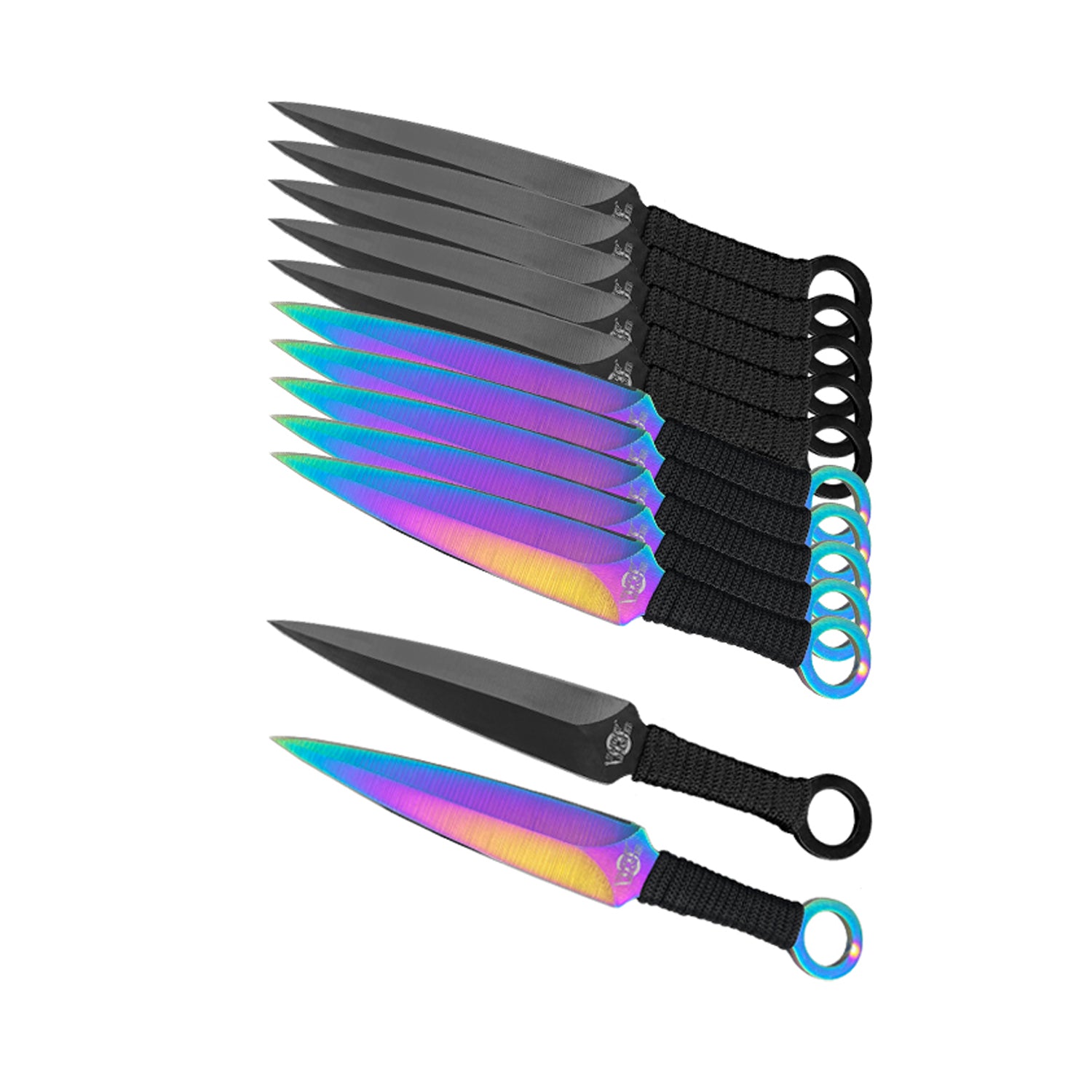 Target Master 12 PCS Rainbow & Black Throwing Knife Set featuring colorful blades and durable handles