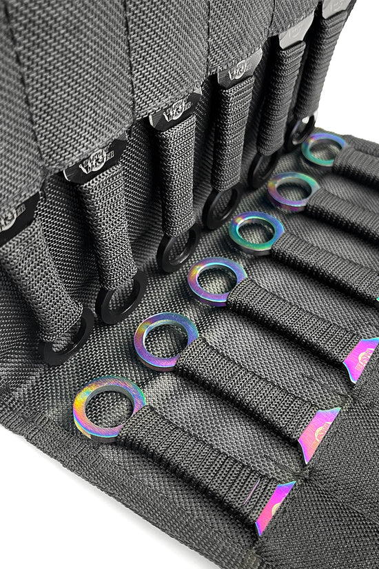 Target Master 12 PCS Rainbow & Black Throwing Knife Set in a durable carrying case with secure straps