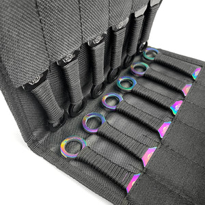 Target Master 12 PCS Rainbow & Black Throwing Knife Set in a durable carrying case with secure straps