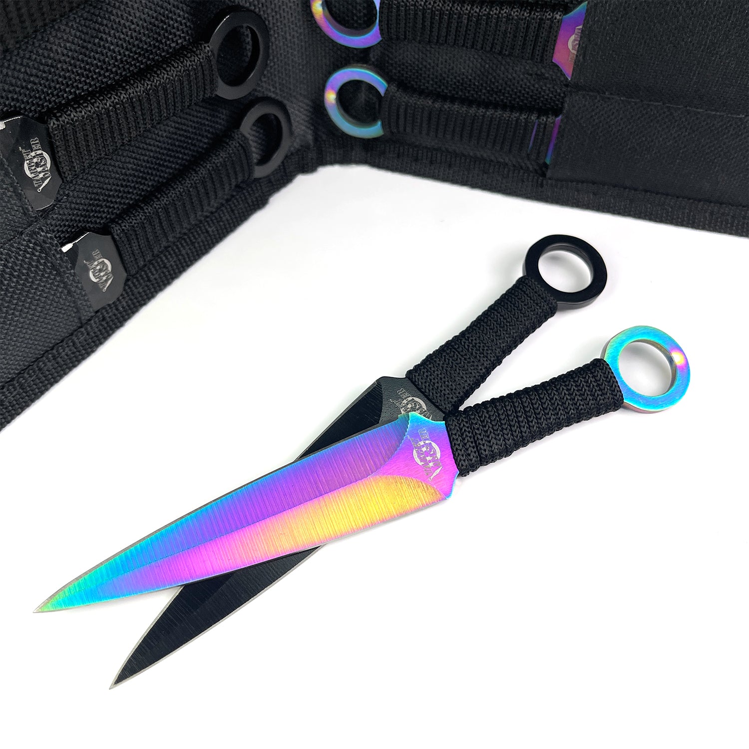 Target Master 12 PCS Rainbow & Black Throwing Knife Set displayed with vibrant colors and durable handles