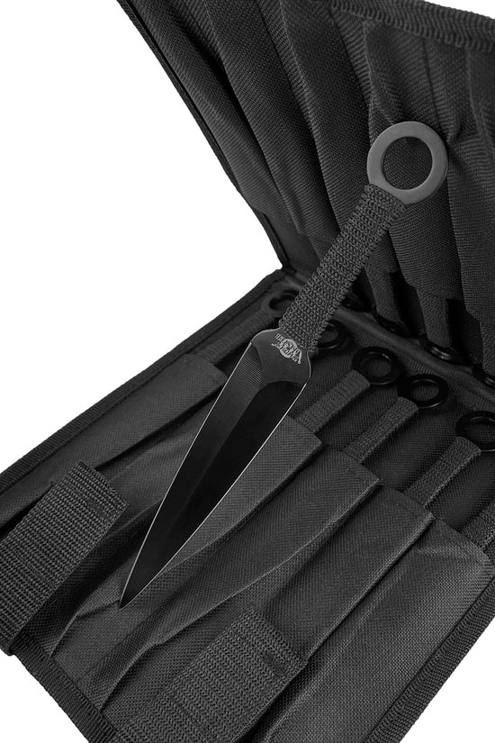 Target Master Ninja Throwing Kunai 12 PCS Set featuring sleek black knives in a convenient carrying case