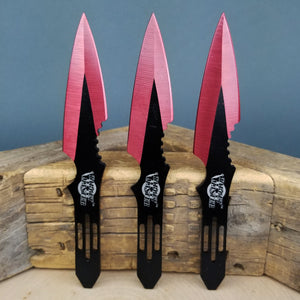 Red throwing knives set by Target Master with a sleek design and sharp edges for precision throwing
