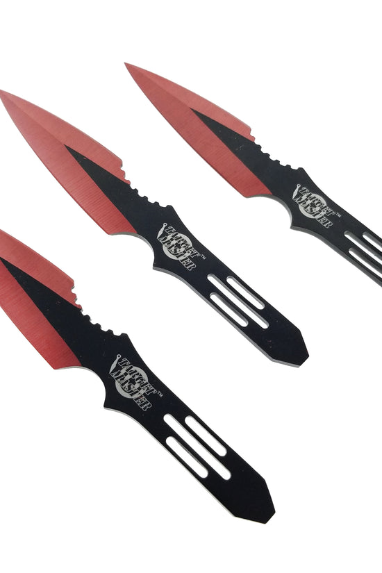 Red throwing knives set featuring three aerodynamic blades for precision and accuracy in throwing