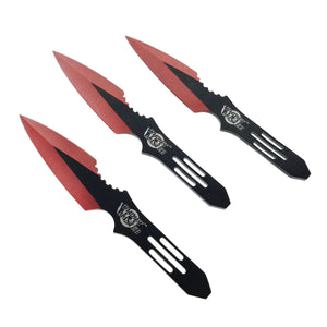 Red throwing knives set featuring three aerodynamic blades for precision and accuracy in throwing