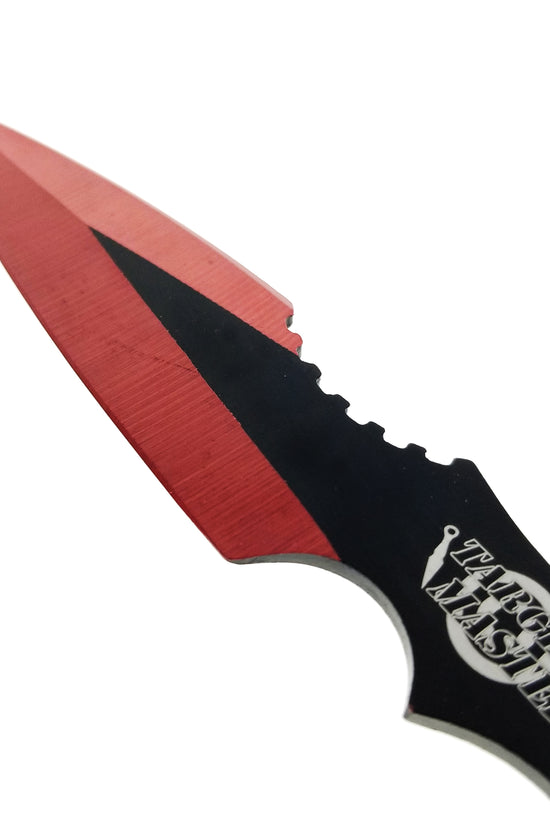 Close-up of Target Master red throwing knives set featuring sleek blade design for precision throwing