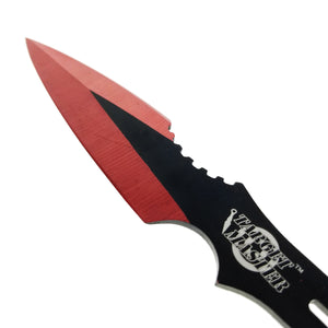 Close-up of Target Master red throwing knives set featuring sleek blade design for precision throwing