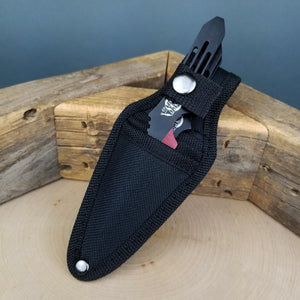 Red throwing knives set securely stored in black sheath for easy transport and protection
