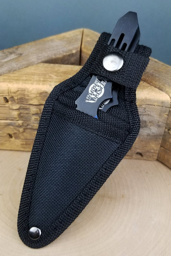 Black sheath holding a red throwing knives set for easy transport and protection