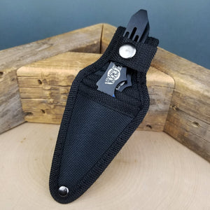 Black sheath holding a red throwing knives set for easy transport and protection