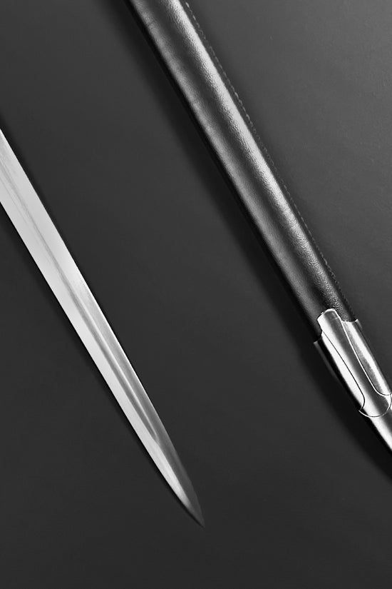 The Valorbrand – Knight’s Collection Elite Medieval Sword with a polished blade and sleek leather sheath