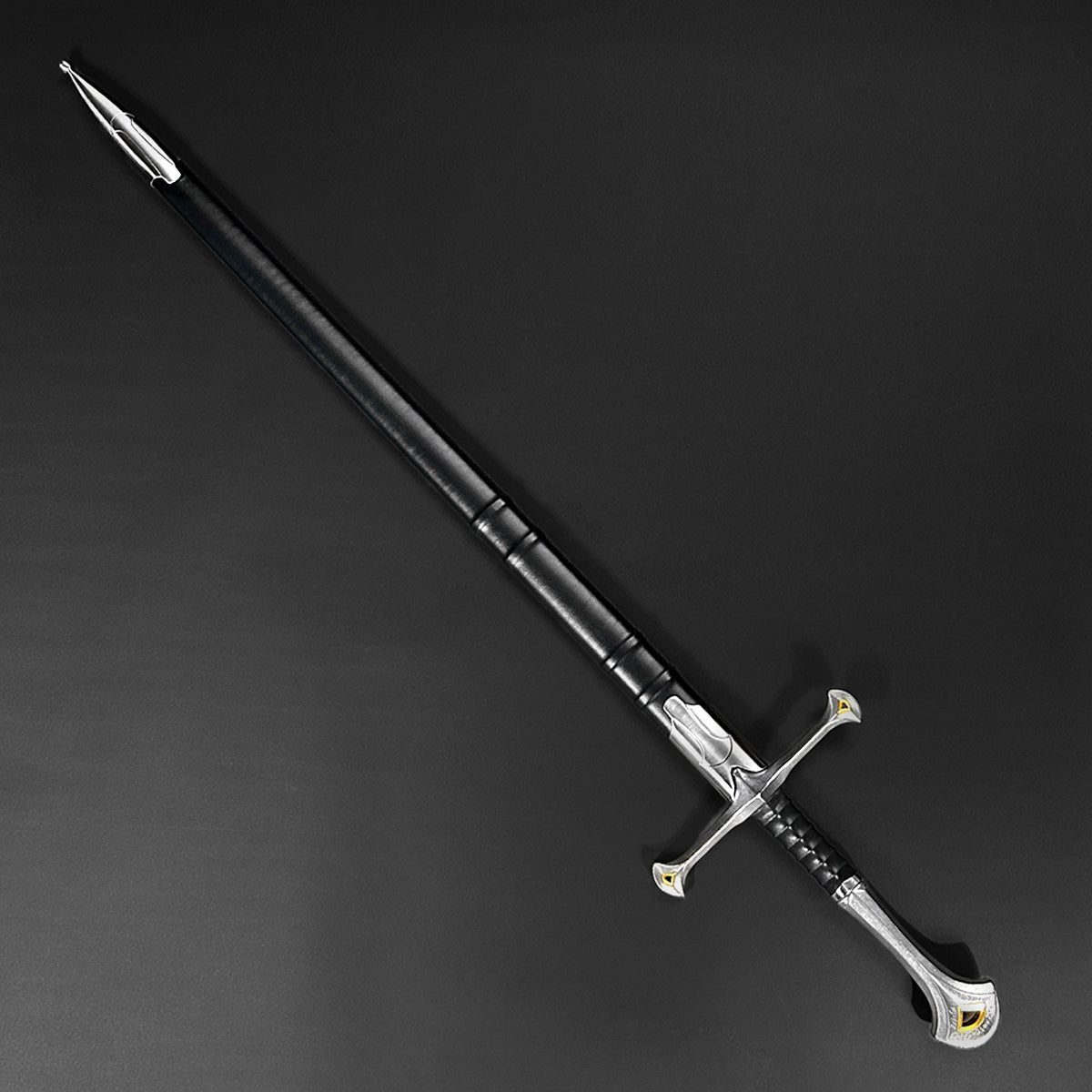 The Valorbrand – Knight’s Collection Elite Medieval Sword with a sleek black blade and detailed hilt design