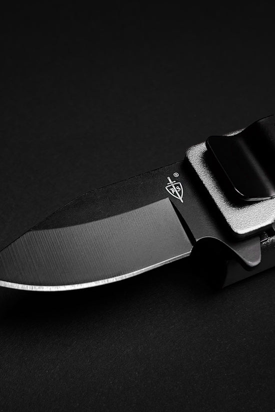 Guild Arms Lighter Case EDC spring assist knife black blade close up showing pocket clip and handle