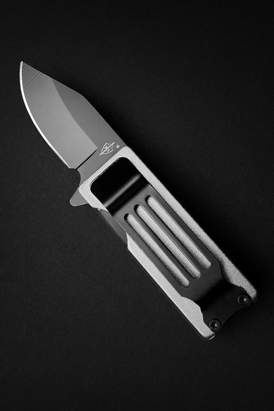 Guild Arms Lighter Case EDC spring assist knife with matte gray folding blade and textured aluminum handle