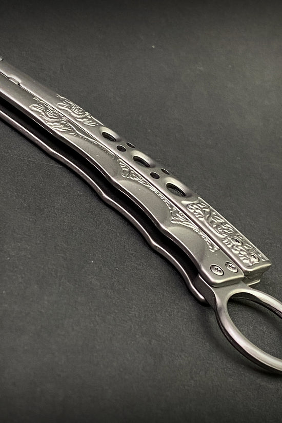 Guild Arms silver metal butterfly knife trainer for beginners with engraved handle design