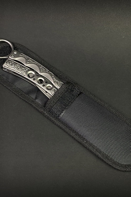 Guild Arms butterfly knife trainer for beginners with engraved metal handle in black nylon sheath