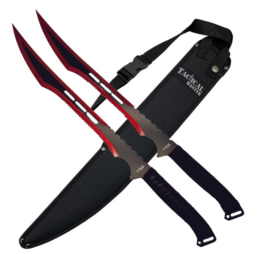 Tactical Master twin tactical machete set with black handles and red serrated blades with carrying sheath