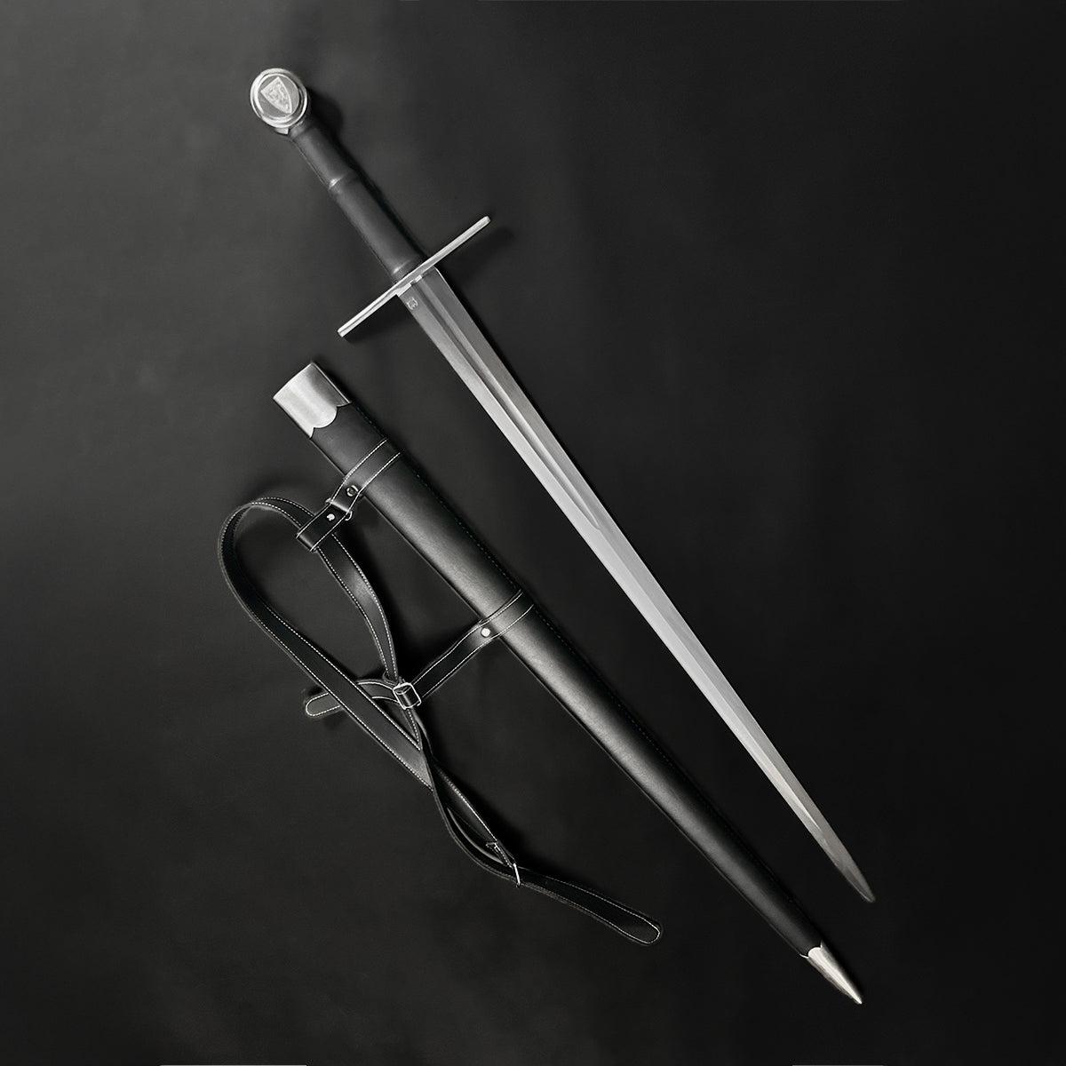 Valebrand medieval sword for sale with sleek blade and leather scabbard by Knight Collections