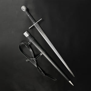 Valebrand medieval sword for sale with sleek blade and leather scabbard by Knight Collections