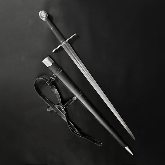 Valebrand medieval sword for sale with sleek blade and leather scabbard by Knight Collections