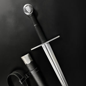 Valebrand medieval sword for sale with a sharp blade and black leather sheath