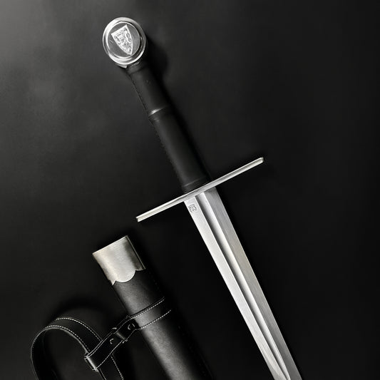 Valebrand medieval sword for sale with a sharp blade and black leather sheath