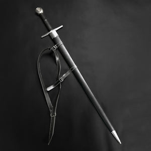 Valebrand medieval sword for sale with a sleek black handle and polished steel blade