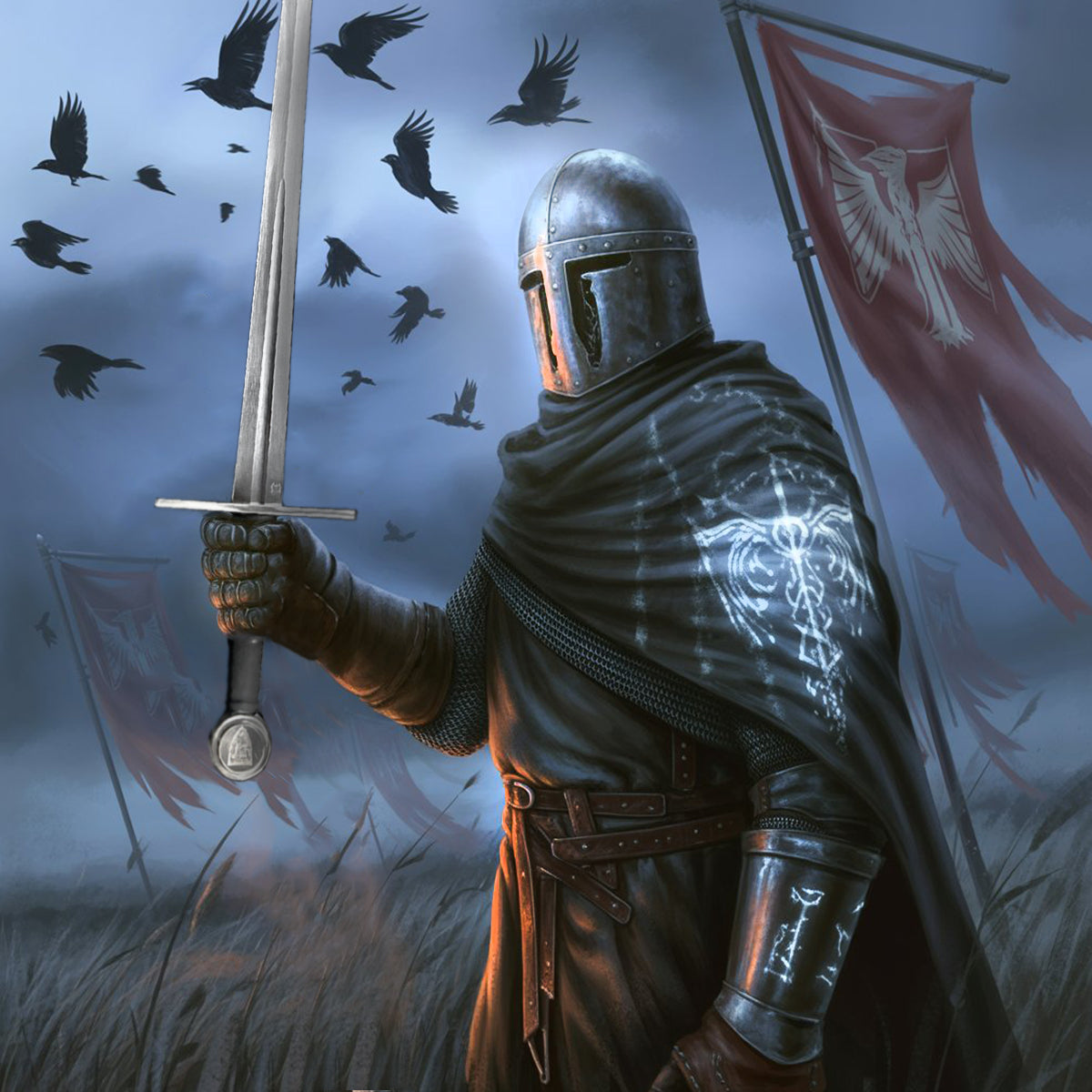 Valebrand medieval sword for sale featuring a knight in armor against a stormy backdrop