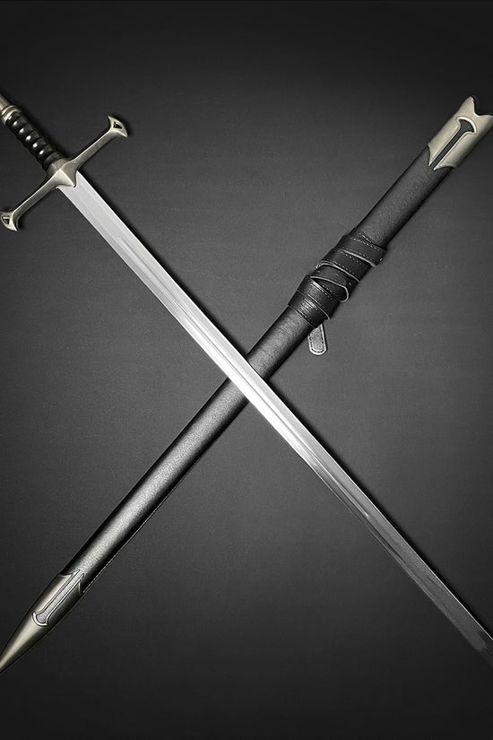 Guild Arms collectible medieval sword replica with steel blade and black leather-wrapped handle with scabbard