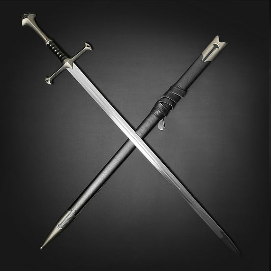 Guild Arms collectible medieval sword replica with steel blade and black leather-wrapped handle with scabbard