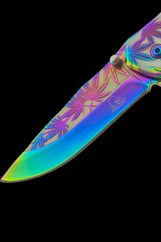 Falcon spring assisted rainbow marijuana pocket knife with colorful leaf design on blade and handle