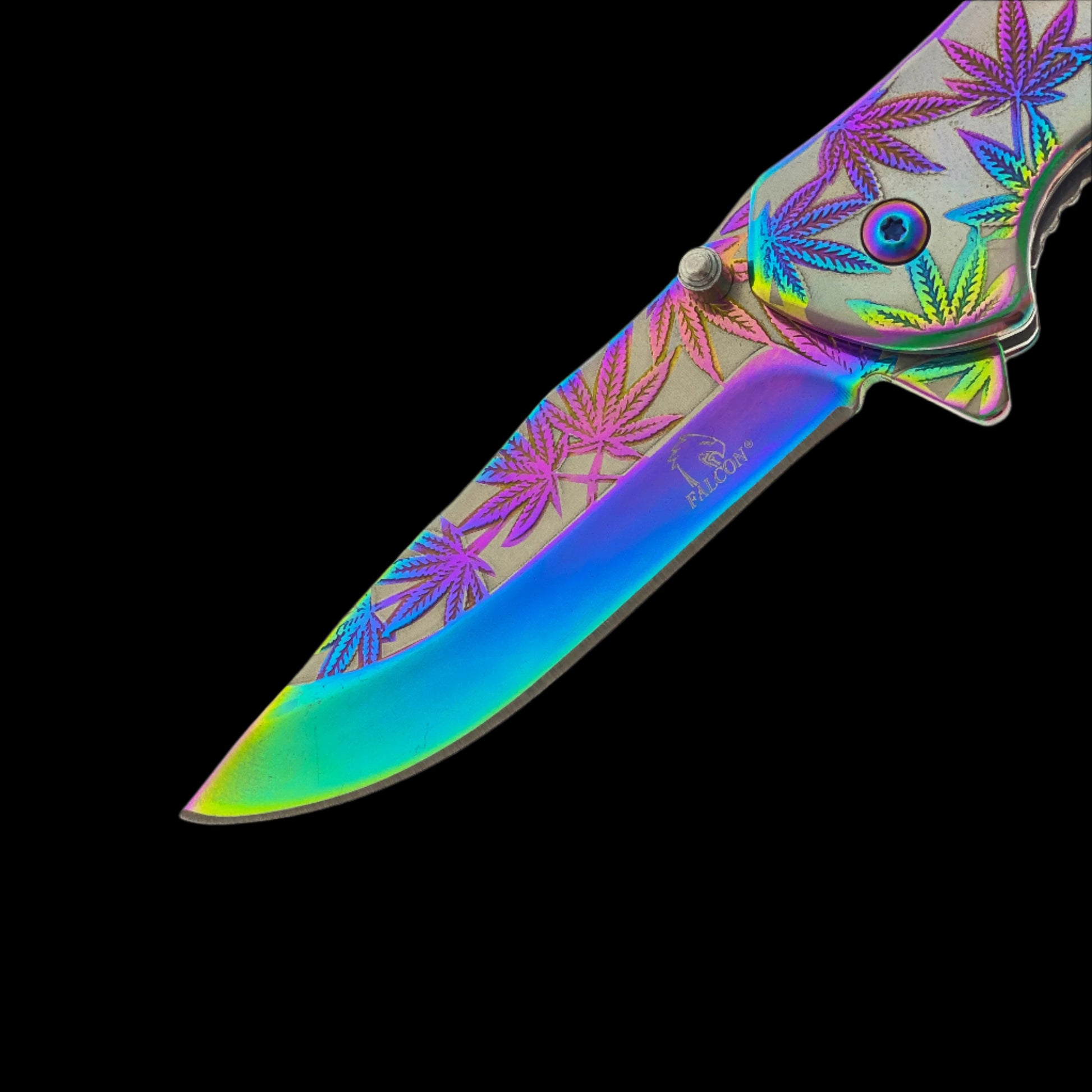 Falcon spring assisted rainbow marijuana pocket knife with colorful leaf design on blade and handle