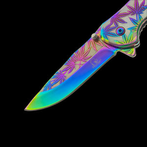 Falcon spring assisted rainbow marijuana pocket knife with colorful leaf design on blade and handle