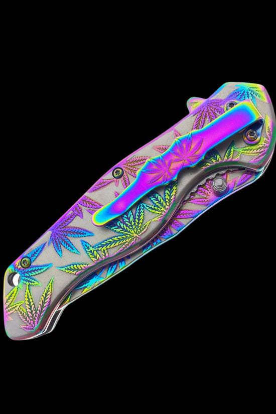 Falcon spring assisted rainbow marijuana pocket knife with colorful cannabis leaf design
