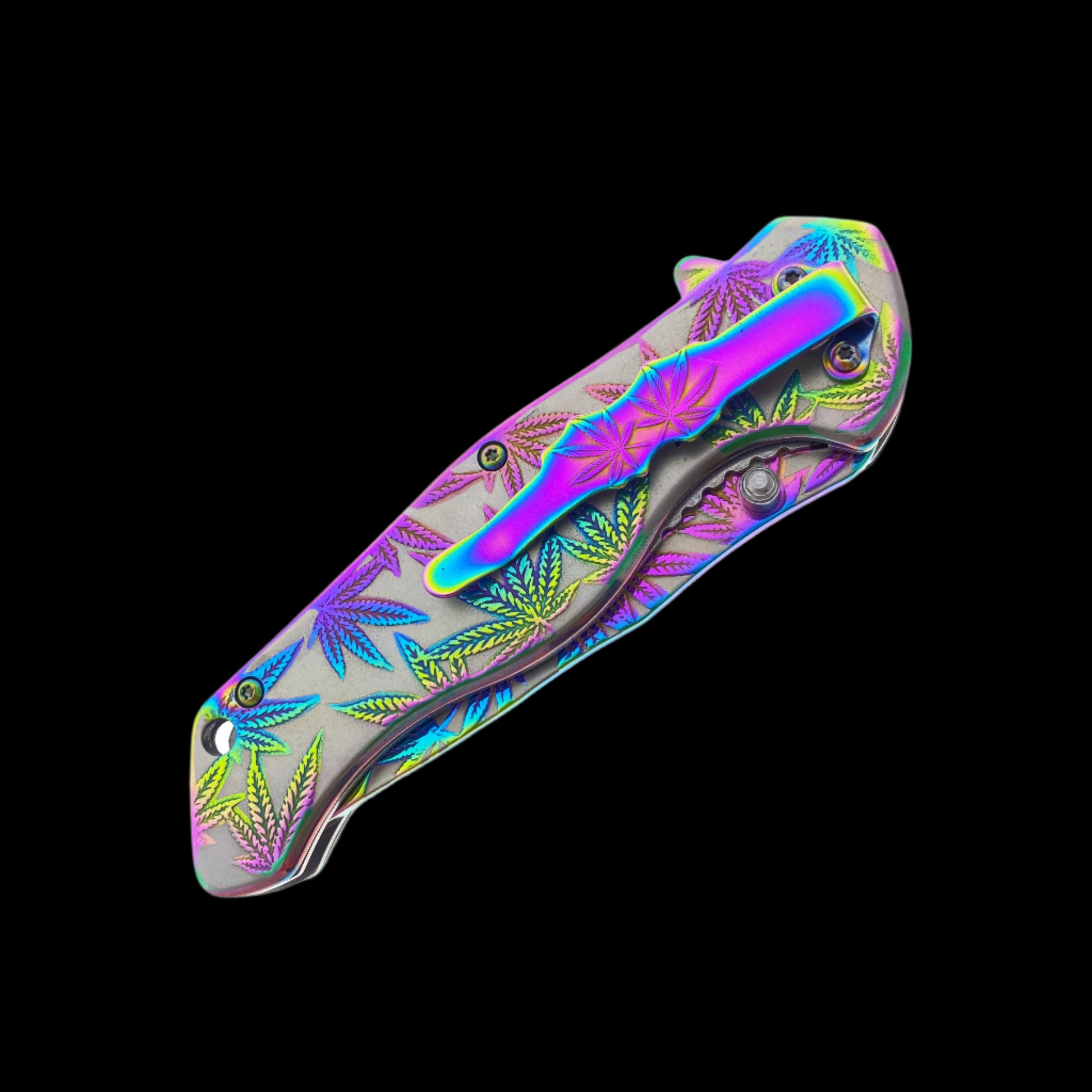 Falcon spring assisted rainbow marijuana pocket knife with colorful cannabis leaf design