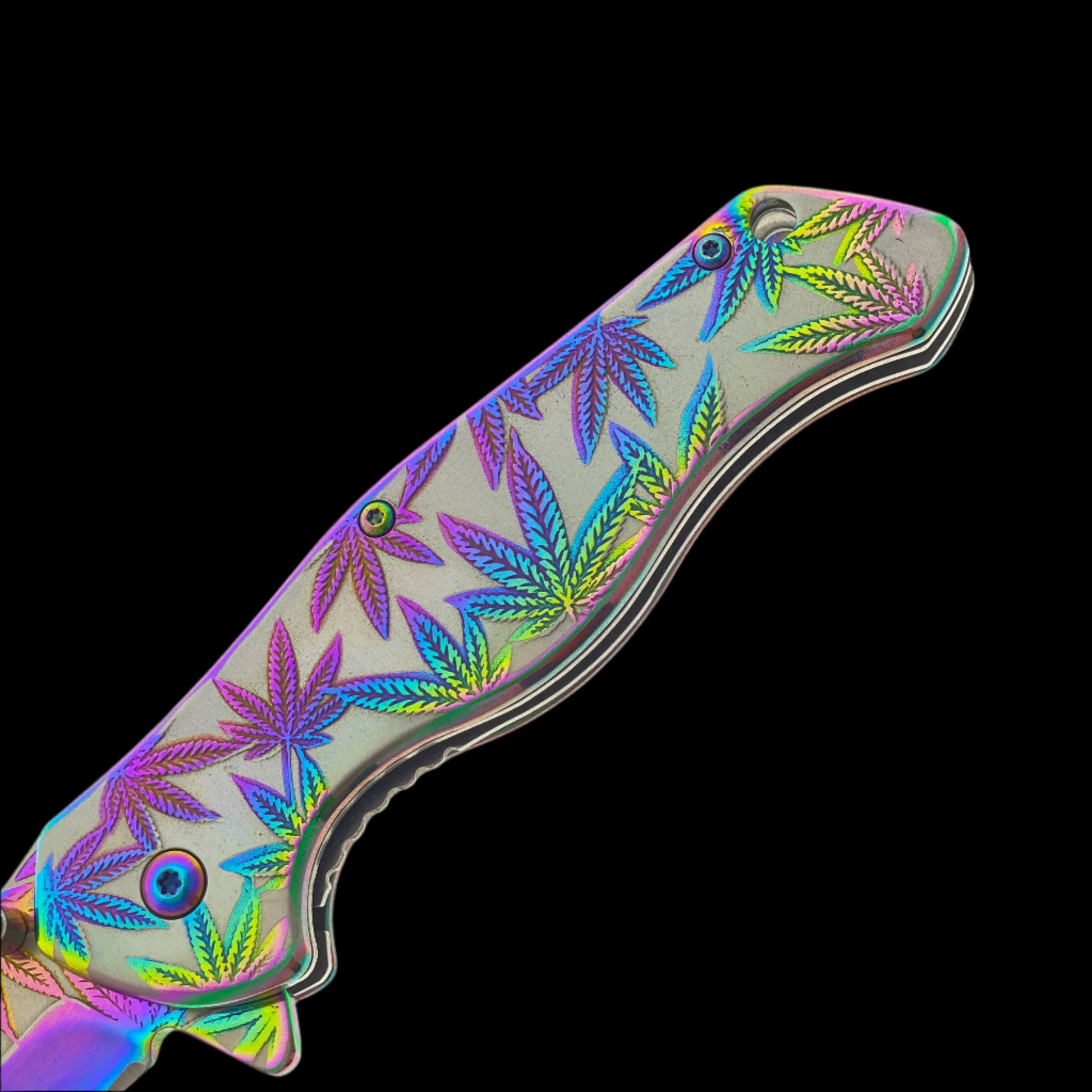 Falcon spring assisted rainbow marijuana pocket knife with vibrant leaf design on handle