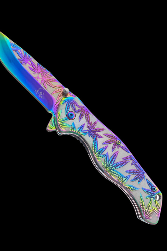 Falcon spring assisted pocket knife with rainbow marijuana pocket knife design on blade and handle
