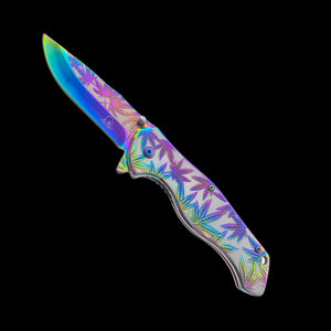 Falcon spring assisted pocket knife with rainbow marijuana pocket knife design on blade and handle