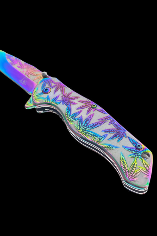 Falcon spring assisted pocket knife with rainbow marijuana pocket knife design and colorful leaf pattern