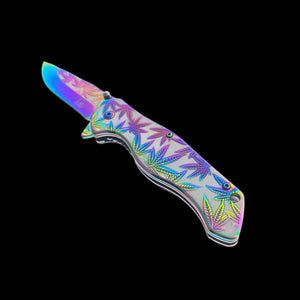 Falcon spring assisted pocket knife with rainbow marijuana pocket knife design and colorful leaf pattern