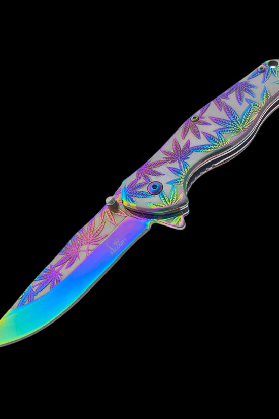 Falcon spring assisted pocket knife with rainbow marijuana pocket knife design and multicolor blade