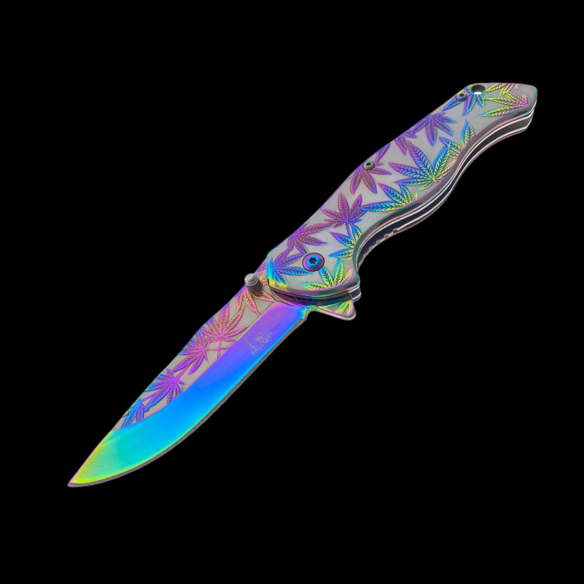 Falcon spring assisted pocket knife with rainbow marijuana pocket knife design and multicolor blade
