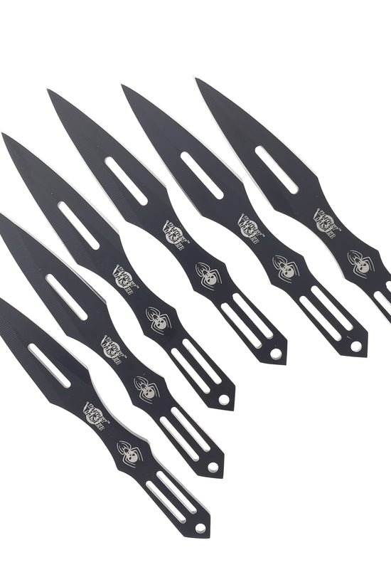 Falcon spider skull throwing knives set with six black steel knives featuring spider and skull designs